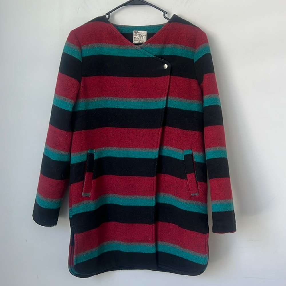 Anthropologie Tulle Coat Women Size Medium Large stripped Wool Blend 💙